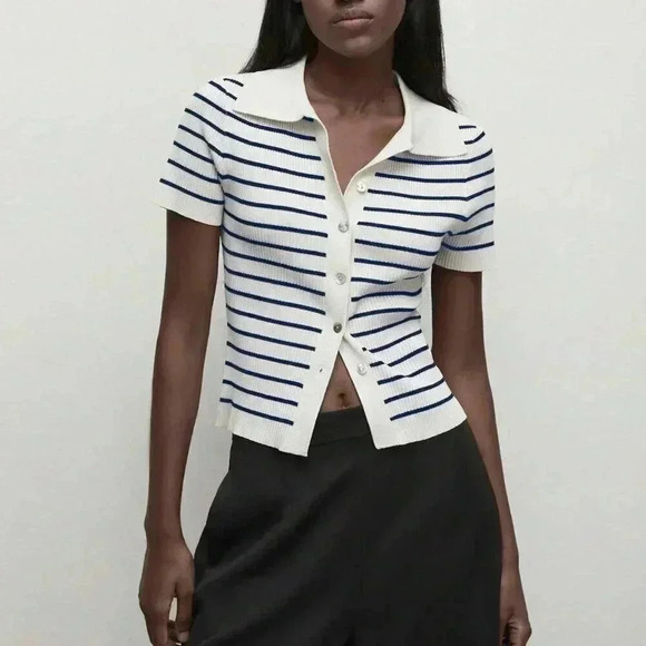 Multicolor Women's Button-Up Striped Knit Sweater - Picture 6 of 7